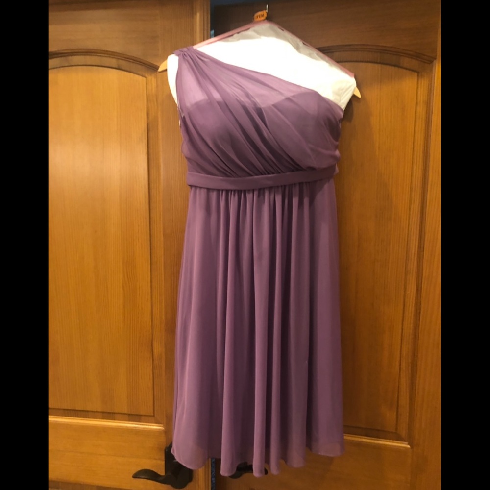 David's Bridal Purple One-Shoulder Midi Dress